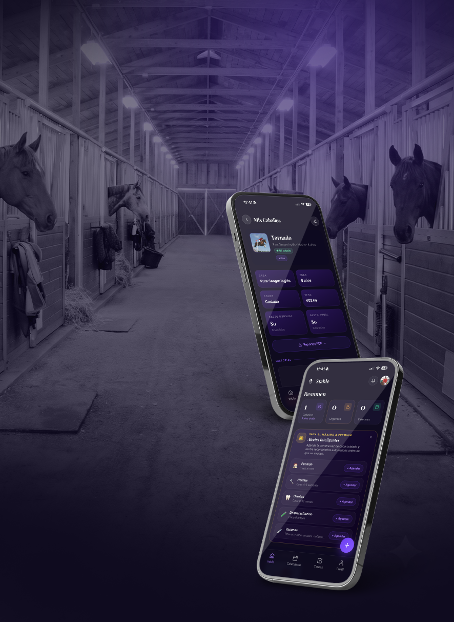 Caballerizas con la app Stable en dos teléfonos