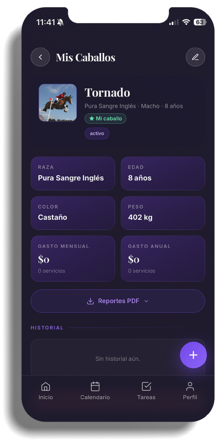 Pantalla de la ficha del caballo en Stable